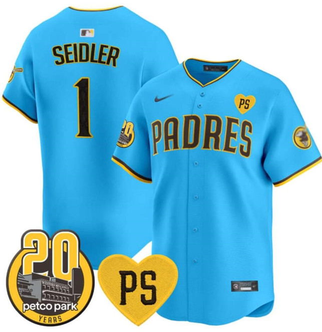 Men's San Diego Padres Active Player Custom Blue “For Peter” And Petco Park 20th Patch Limited Baseball Stitched Jersey